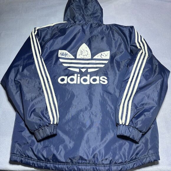 Vintage Adidas Big Logo 3 Striped Blue Puffer‎ Jacket Quilt Lined Size XL/2XL - Picture 1 of 16
